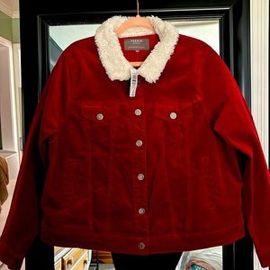Torrid Cordoroy and Sherpa lined trucker jacket. The color is Rhubarb